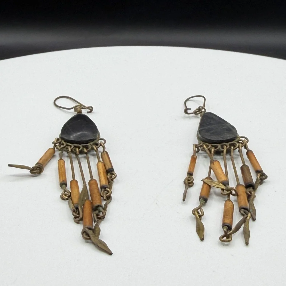 Black Teardrop Wood Bead Brass Tone Chandelier Dangle Boho Earrings Pierced Gift